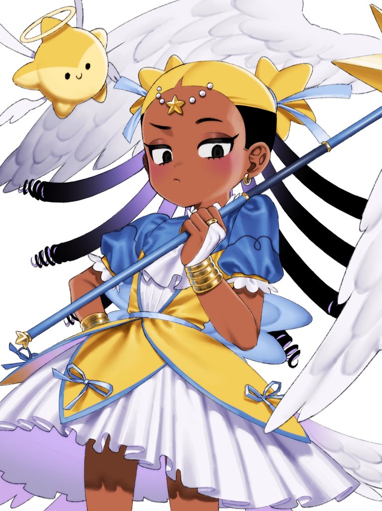 1girl, aaa_123543, aika_(kiana_mai), angel_wings, blonde_hair, bridal_gauntlets, dark-skinned_female, dark_skin, dreadlocks, dress, gold, halo, holding, holding_staff, hoshi_(kiana_mai), i_don't_want_to_be_a_magical_girl, jewelry, magical_girl, ring, ringlets, smile, staff, star_(symbol), star_guardian:_guardian_of_the_stars, very_dark_skin, wings