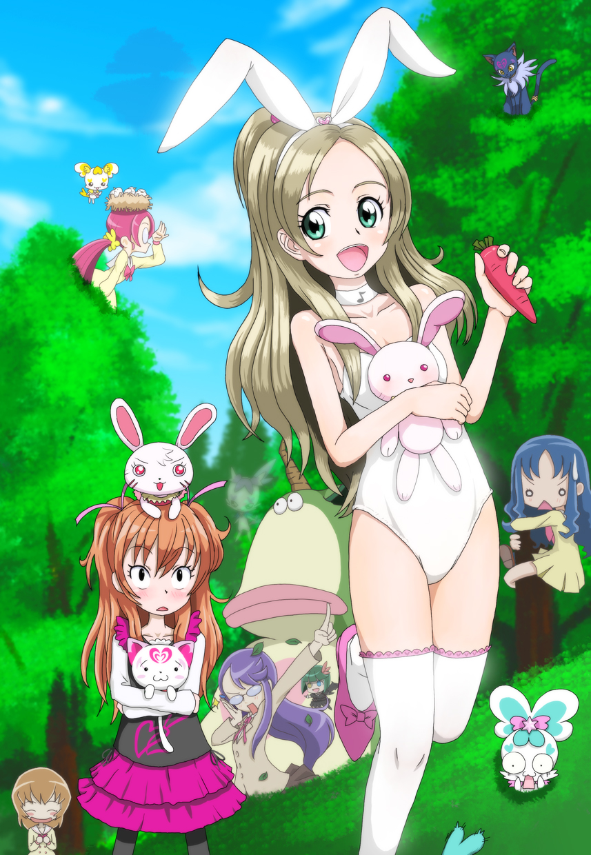 bird, blue_eyes, blue_hair, blush, bob_cut, brown_hair, bunny, bunny_ears