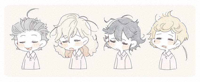 1girl, 3boys, ahoge, arne_no_jikenbo, black_hair, blonde_hair, blush_stickers, border