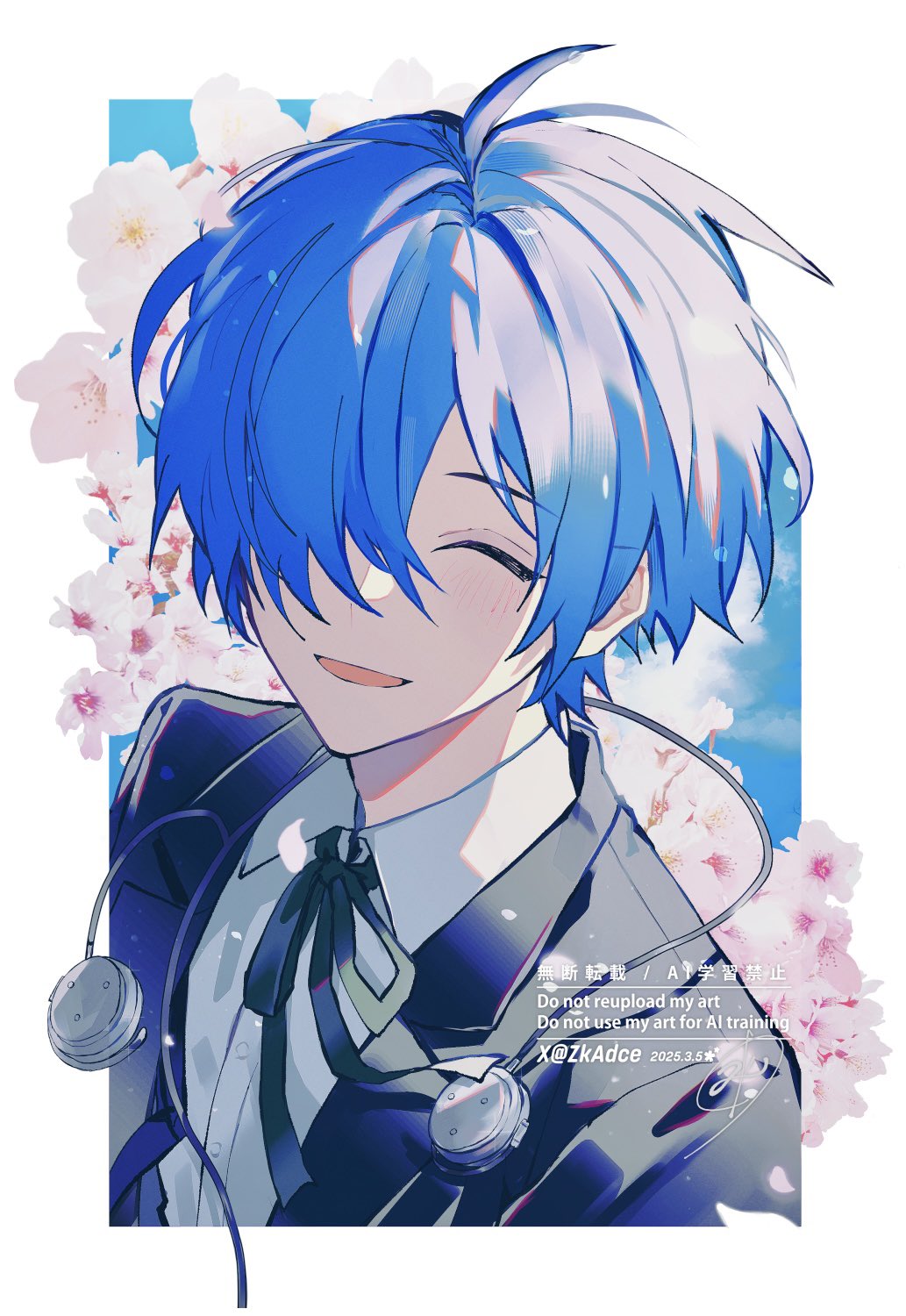 1boy, blazer, blue_hair, blue_sky, blush, cherry_blossoms, closed_eyes, collared_shirt