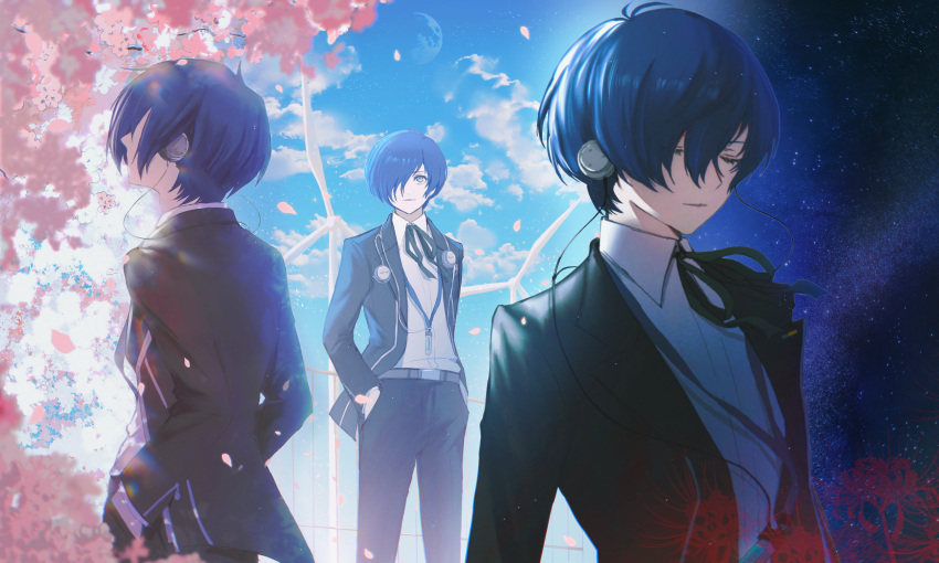 1boy, absurdres, black_jacket, blazer, blue_eyes, blue_hair, blue_sky, branch