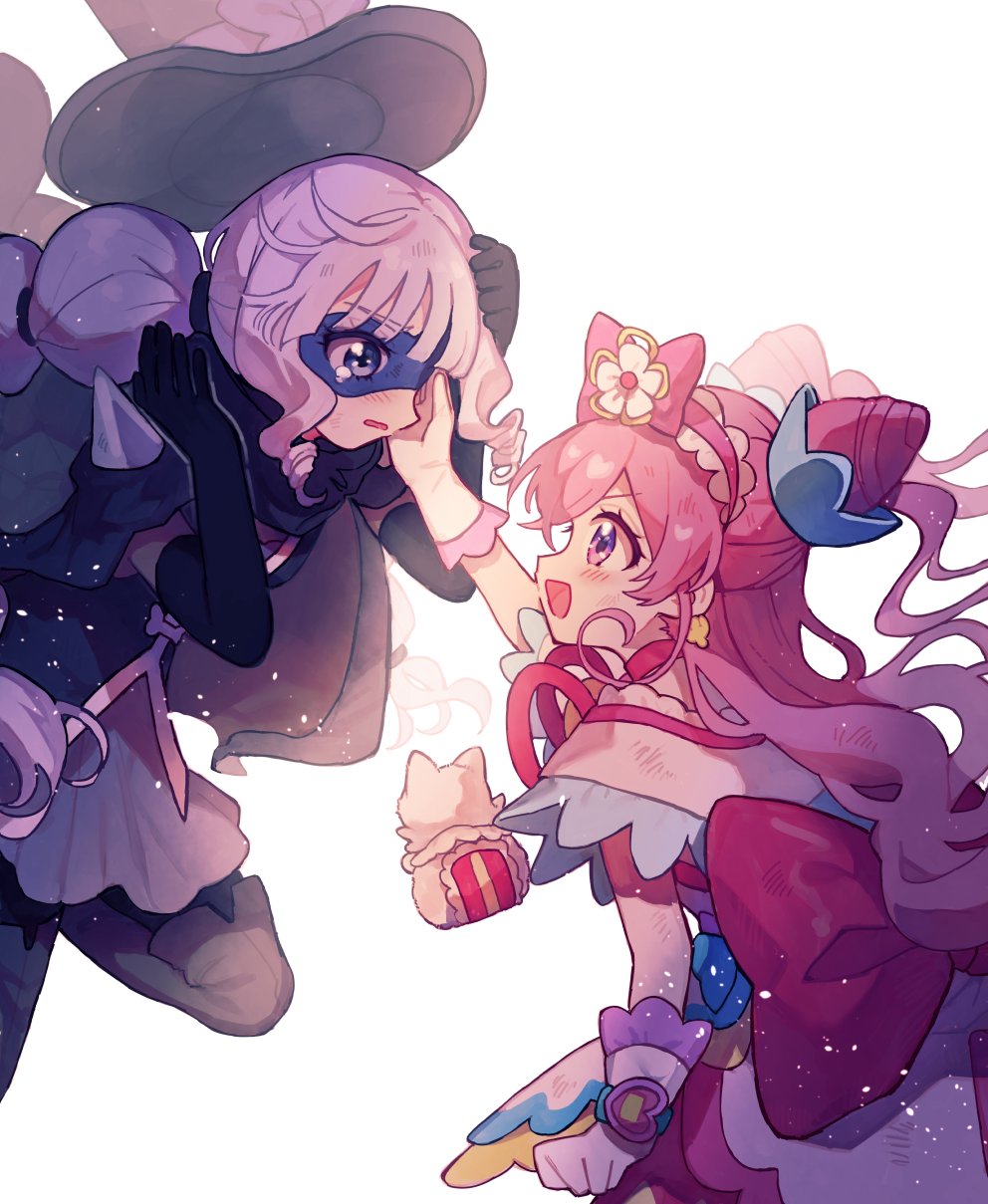 2girls, back_bow, black_cape, black_gloves, black_hat, black_pantyhose, black_shirt, blue_eyes