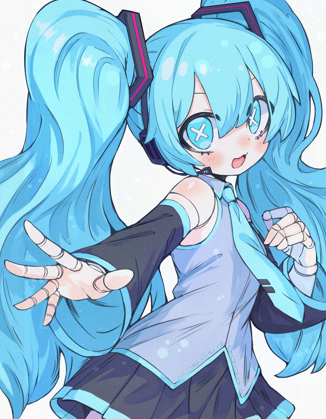 1girl, aqua_eyes, aqua_hair, aqua_necktie, black_skirt, blush, collared_shirt, commentary