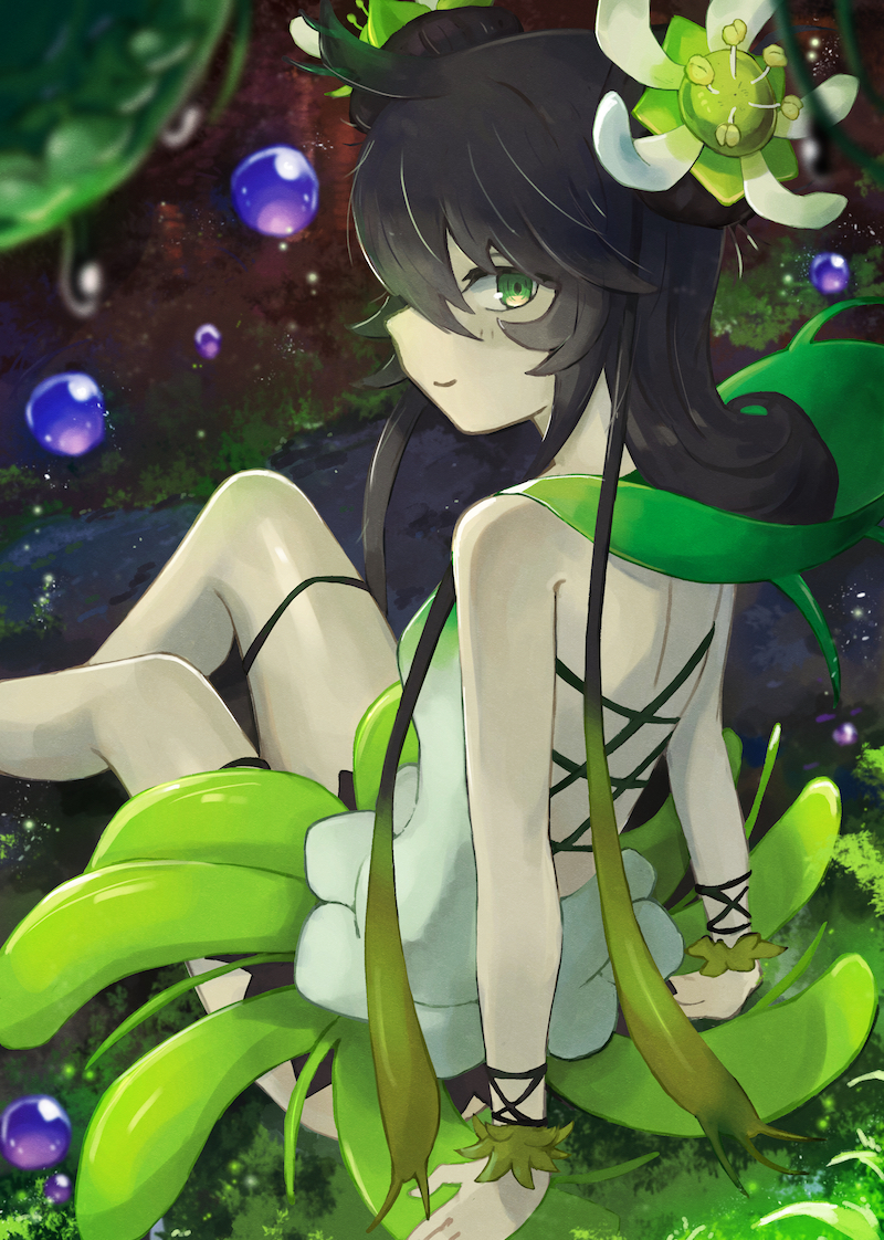 1girl, back, bare_shoulders, black_hair, closed_mouth, dress, duel_monster, flower