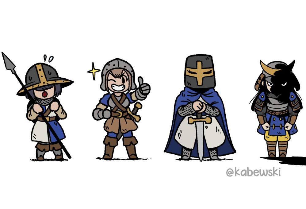 4girls, age_of_empires_ii, armor, black_hair, blue_cape, boots, brown_boots, brown_skirt