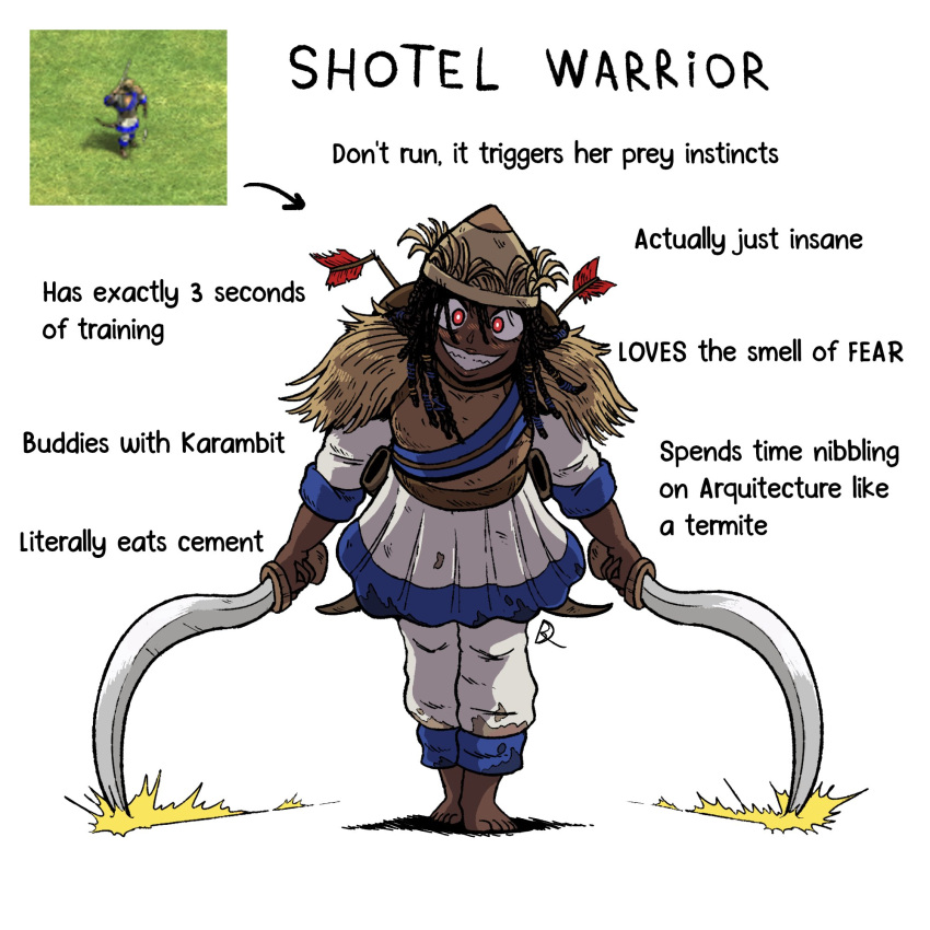 1girl, age_of_empires_ii, barefoot, broken_arrow, brown_helmet, character_name, dark-skinned_female, dark_skin, dual_wielding, english_text, grin, helmet, highres, holding, holding_weapon, kabewski, long_sleeves, pants, shotel, shotel_warrior_(age_of_empires_ii), simple_background, skirt, smile, sword, teeth, weapon, white_background, white_pants, white_skirt