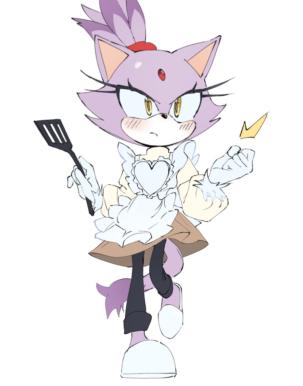 1girl, alternate_costume, animal_ears, animal_nose, apron, black_pants, blaze_the_cat, brown_skirt