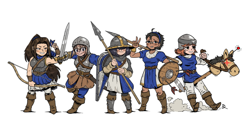 5girls, absurdres, age_of_empires_ii, archer_(aoe2), armor, bare_shoulders, black_hair, blush, boots, bow_(weapon), breasts, brown_boots, brown_hair, collarbone, grin, helmet, highres, hobby_horse, holding, holding_bow_(weapon), holding_shield, holding_sword, holding_weapon, horse, kabewski, knee_boots, large_breasts, long_hair, longswordsman_(aoe2), multiple_girls, ponytail, scout_cavalry_(aoe2), shield, short_hair, simple_background, skirmisher_(age_of_empires_ii), skirt, smile, spearman_(aoe2), sword, v, wavy_mouth, weapon, white_background