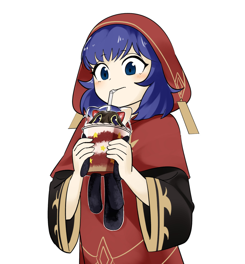 1girl, blue_eyes, blue_hair, blush, commentary, cup, cupsie_yummy, disposable_cup