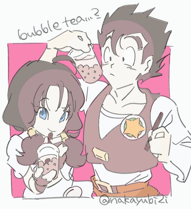 1boy, 1girl, blue_eyes, bubble_tea, cropped_vest, dragon_ball, dragon_ball_z, fingerless_gloves