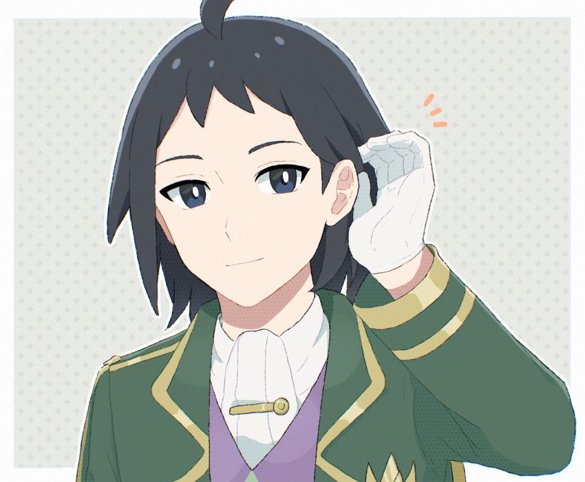 1boy, ahoge, black_hair, border, bright_pupils, cheren_(champion)_(pokemon), cheren_(pokemon), commentary_request