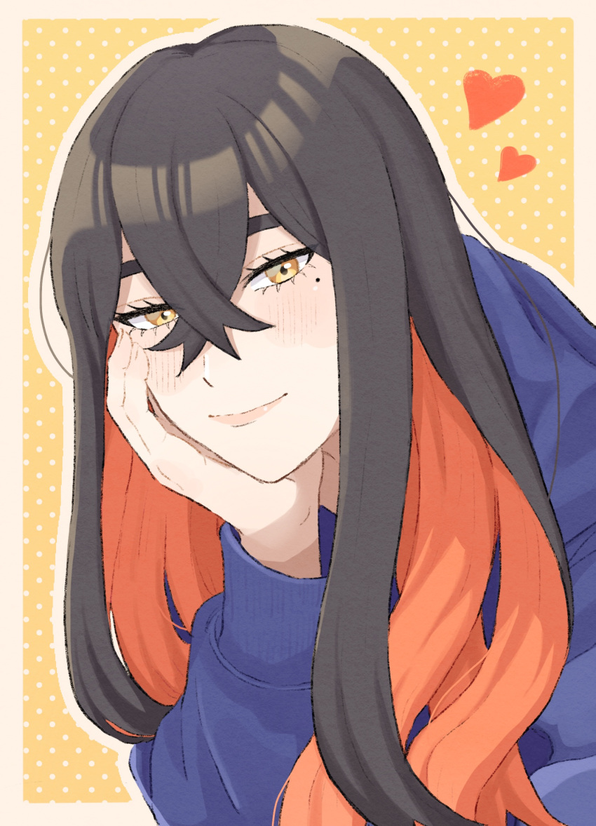 1girl, black_hair, blue_jacket, border, carmine_(pokemon), closed_mouth, commentary_request, crossed_bangs, eyelashes, fuyuu_(float_39bui), hair_between_eyes, head_rest, heart, highres, jacket, long_sleeves, looking_at_viewer, mole, mole_under_eye, multicolored_hair, outside_border, pokemon, pokemon_sv, red_hair, smile, solo, two-tone_hair, upper_body, white_border, yellow_background, yellow_eyes