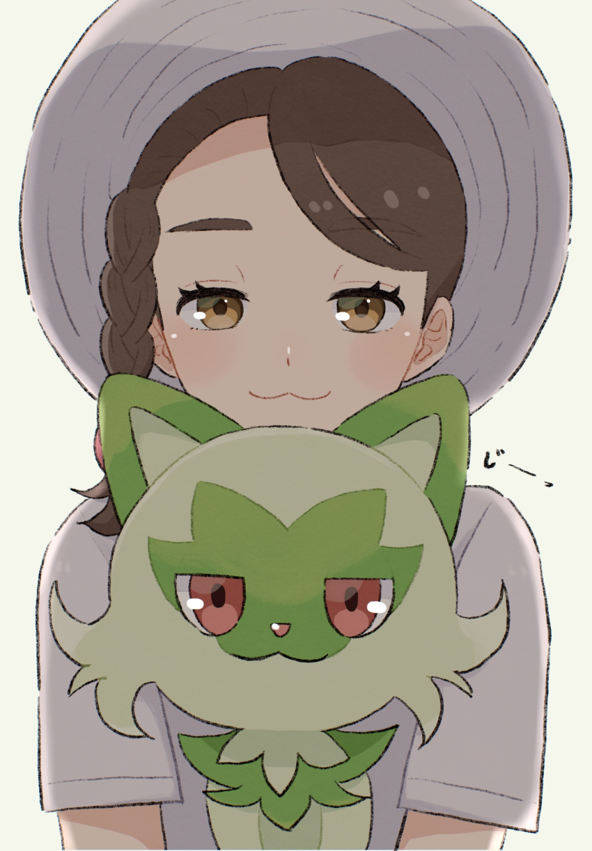 1girl, :3, braid, brown_eyes, brown_hair, cat, closed_mouth, commentary_request, eyelashes, fuyuu_(float_39bui), green_fur, hat, highres, juliana_(pokemon), looking_at_viewer, medium_hair, pokemon, pokemon_(creature), pokemon_sv, red_eyes, shirt, simple_background, single_braid, smile, smug, sprigatito, straight-on, t-shirt, white_background, white_hat, white_shirt