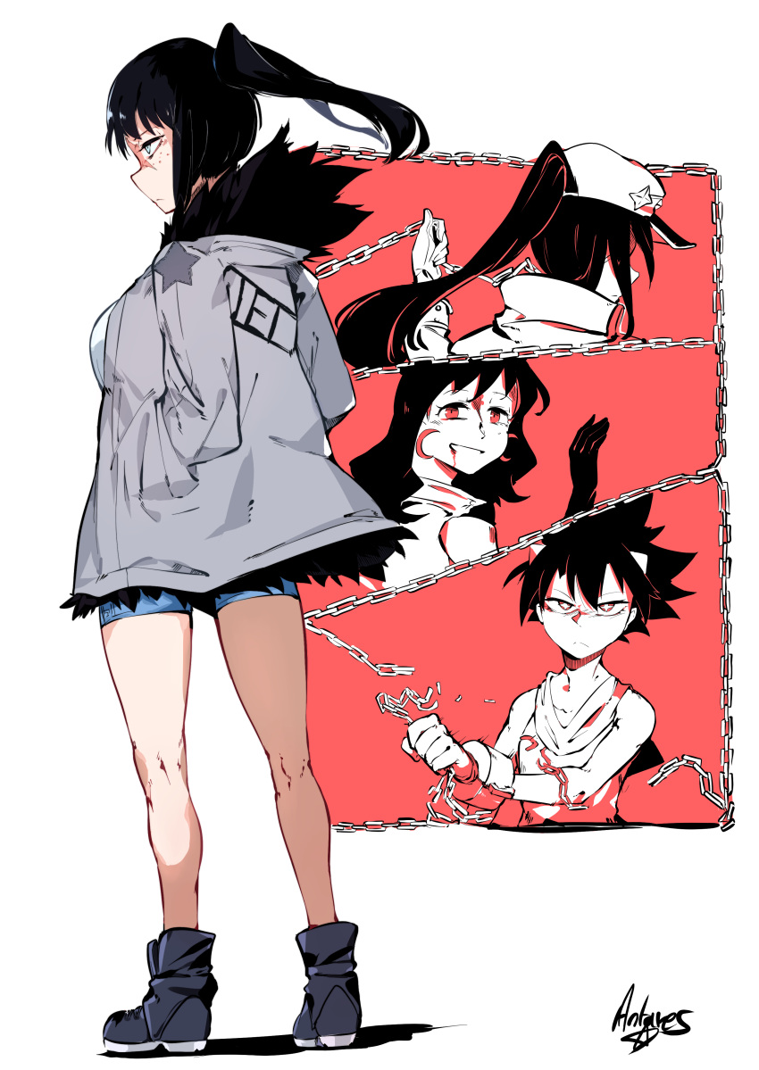 4girls, absurdres, annoyed, antares_topaz, aqua_eyes, back, bare_shoulders, black_boots