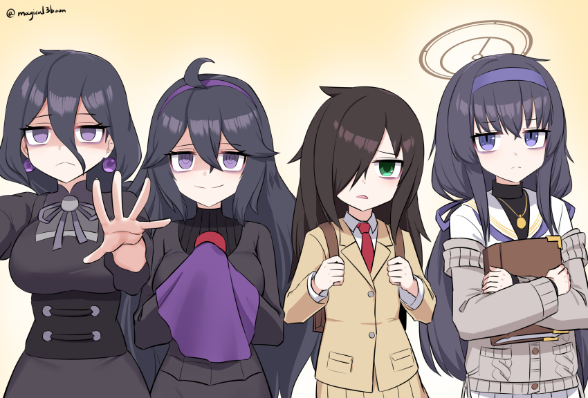 4girls, @_@, ahoge, backpack, bag, bags_under_eyes, black_dress, black_hair