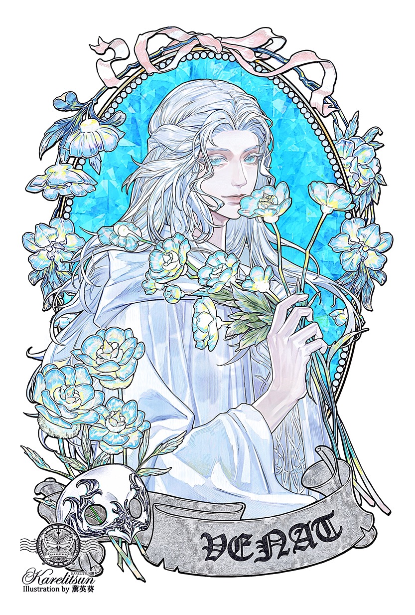 1girl, artist_name, blue_eyes, border, capelet, character_name, chinese_commentary, colored_eyelashes