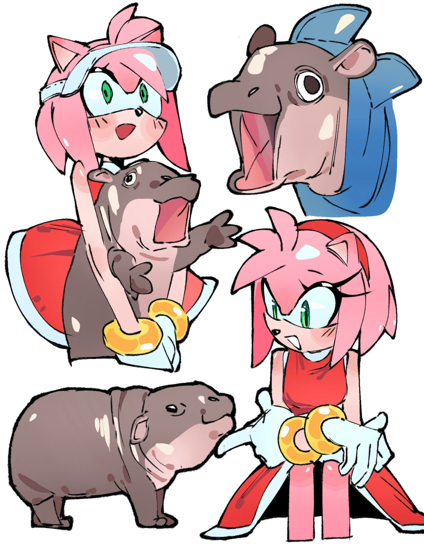 1girl, :d, amy_rose, animal, animal_ears, animal_nose, bracelet, dress