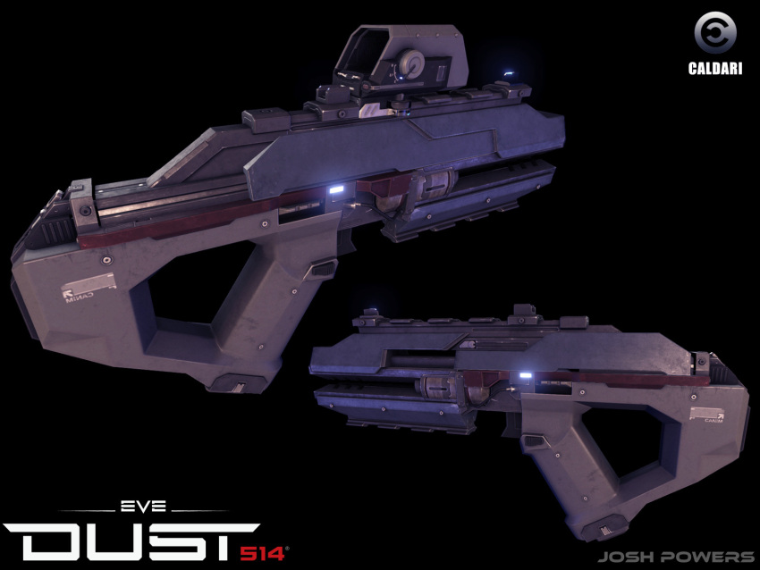 3d, artist_name, autodesk_3ds_max_(medium), black_background, caldari_state_(eve_online), commentary, copyright_logo, copyright_name, dust_514, emblem, english_text, eve_online, flewda_(josh_powers), glowing, gun, handgun, highres, logo, multiple_views, no_humans, official_art, photoshop_(medium), realistic, science_fiction, simple_background, weapon, weapon_focus