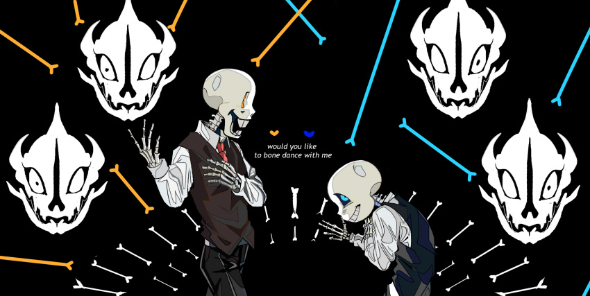 2boys, alternate_costume, bone, english_text, gasterblaster, grin, highres, multiple_boys