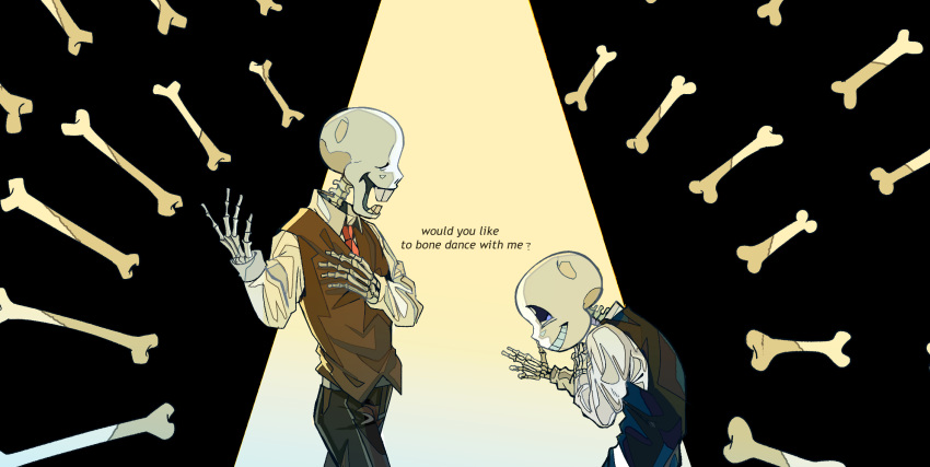 2boys, alternate_costume, bone, closed_eyes, english_text, grin, highres, multiple_boys