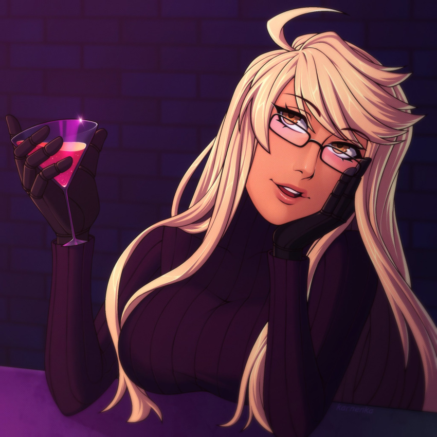 1girl, ahoge, alma_armas, bar_(place), black-framed_eyewear, blonde_hair, breasts, brown_eyes