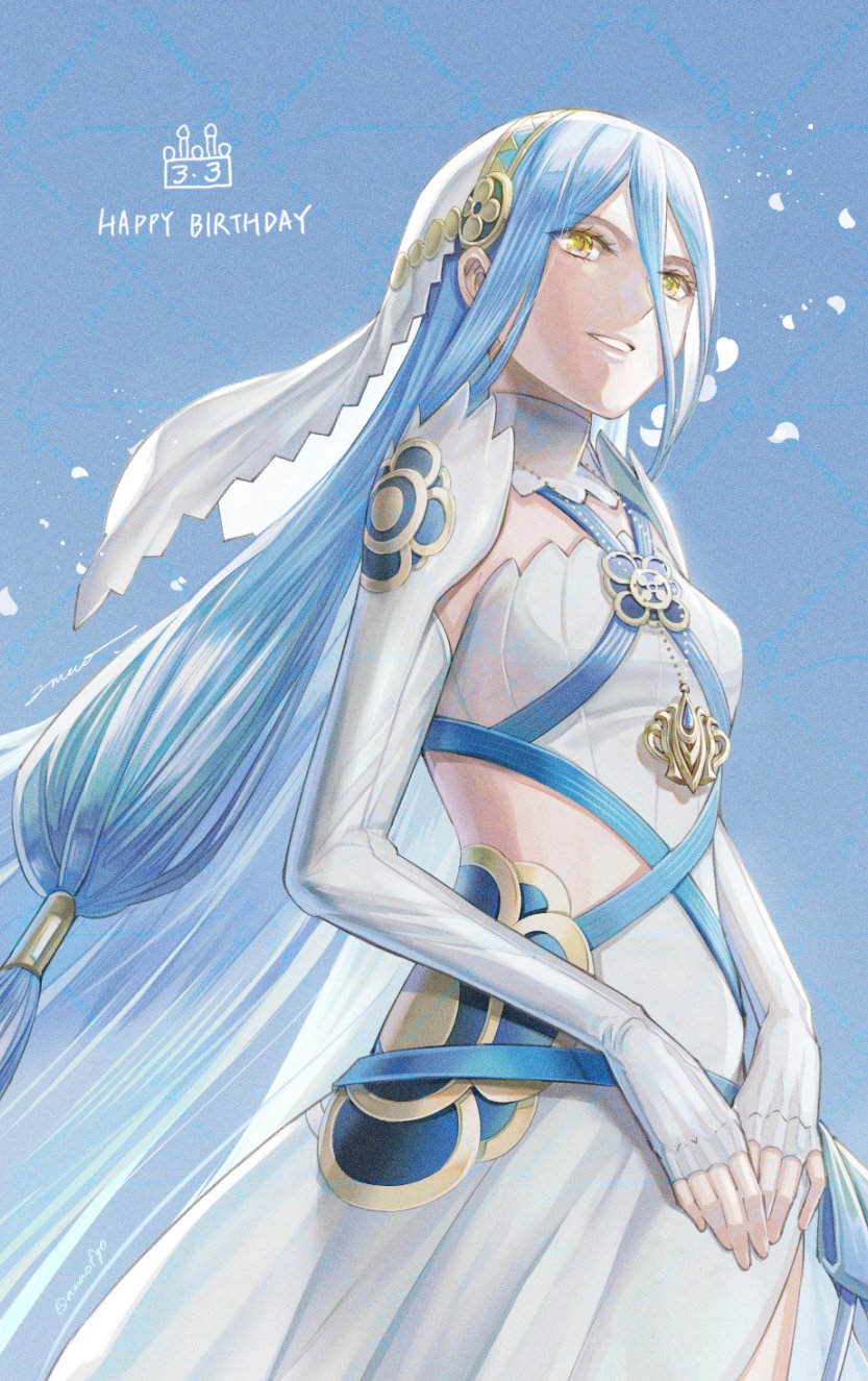 1girl, amao_miyuki, azura_(fire_emblem), blue_hair, breasts, dress, elbow_gloves, fingerless_gloves