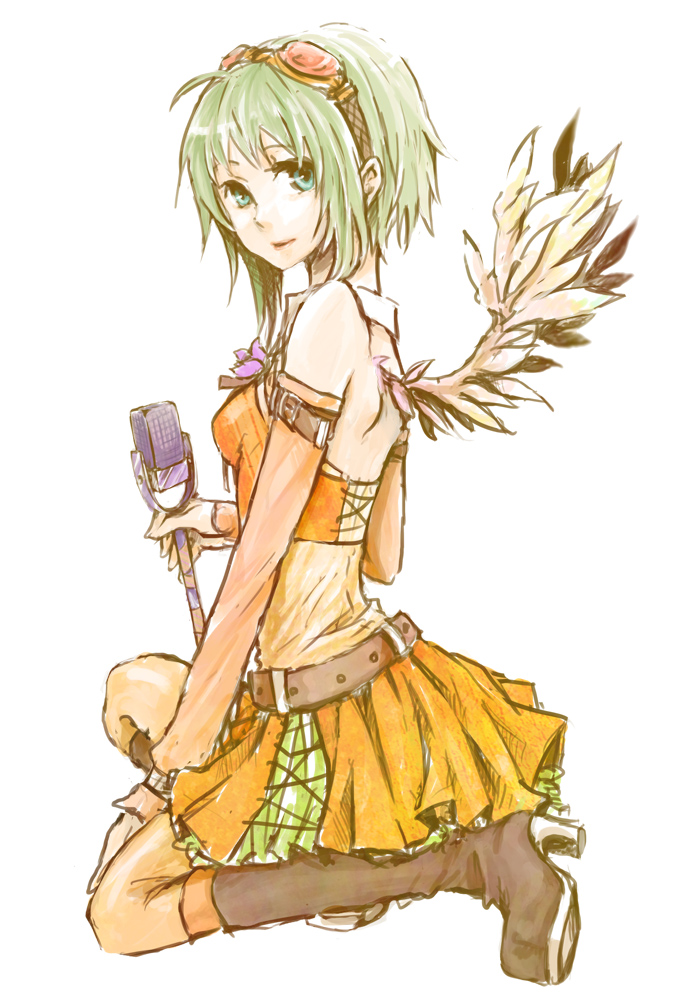alternate_costume, angel_wings, boots, dress, goggles, goggles_on_head, green_eyes, green_hair, gumi, himetachibana, kneeling, microphone, microphone_stand, orange_dress, short_hair, simple_background, skirt, smile, solo, vintage_microphone, vocaloid, wings