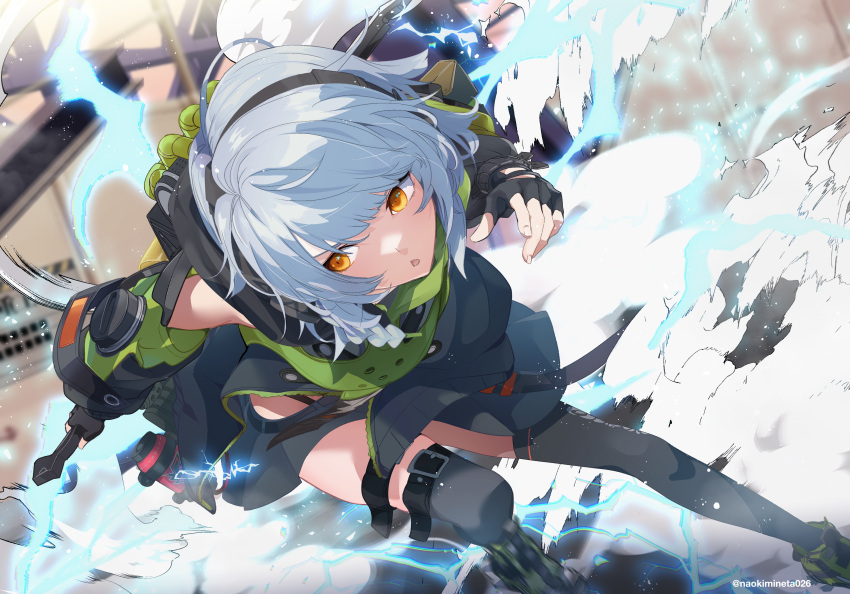 1girl, absurdres, anby_demara, bare_shoulders, belted_skirt, black_headphones, black_thighhighs, dynamic_pose
