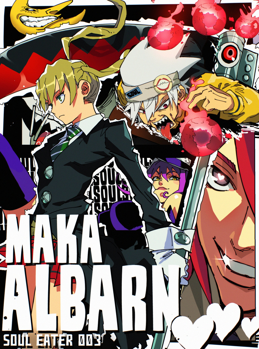 2boys, 2girls, absurdres, black_coat, blair_(soul_eater), blonde_hair, closed_mouth, coat