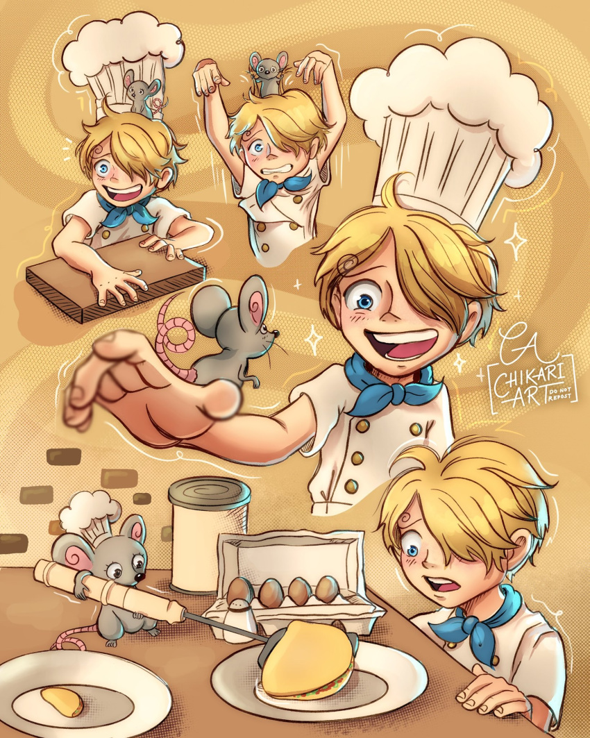 1boy, aged_down, animal, blonde_hair, blue_eyes, blue_necktie, chikariart, child, clenched_teeth, commentary, curly_eyebrows, egg, english_commentary, hair_over_one_eye, highres, holding, mouse_(animal), mouse_on_head, multiple_views, necktie, one_piece, open_mouth, sanji_(one_piece), smile, sparkle, teeth, watermark