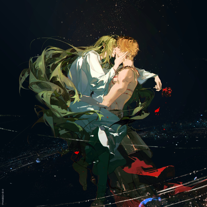 1boy, 1other, androgynous, blonde_hair, enkidu_(fate), fate/grand_order, fate_(series), genren_jiu_qu