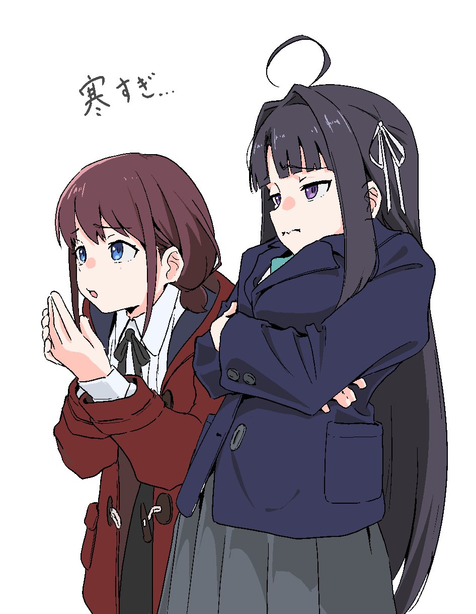 2girls, ahoge, awa_subaru, black_hair, black_ribbon, blazer, blue_eyes, blue_jacket