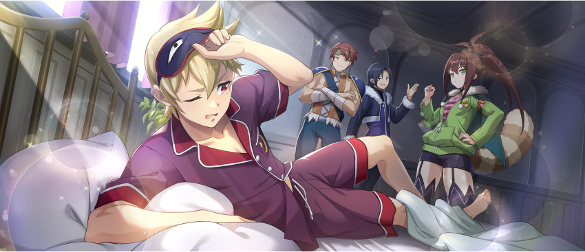 1girl, 3boys, armor, bandaged_arm, bandages, bed, bedroom, black_hair