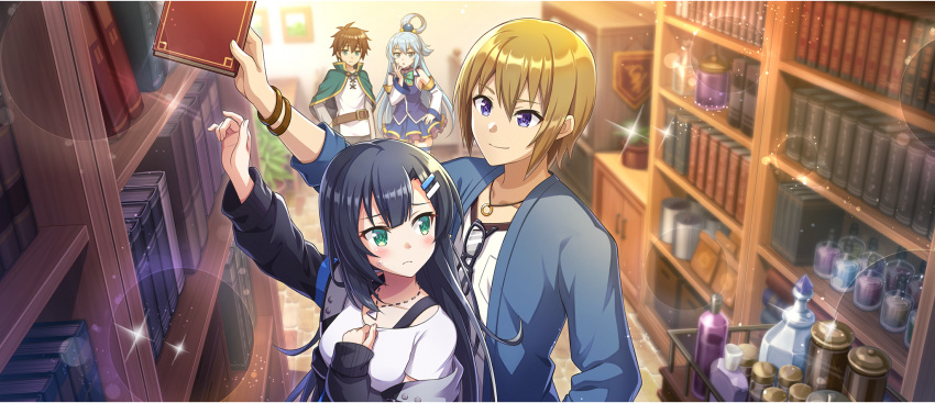 2boys, 2girls, aqua_(konosuba), arm_up, belt, black_hair, black_jacket, blue_eyes