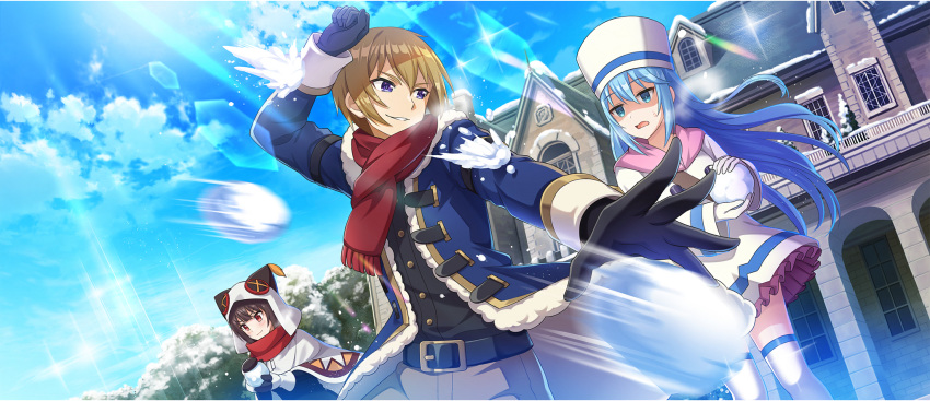 1boy, 2girls, aqua_(konosuba), arm_up, belt, belt_buckle, black_belt, black_gloves