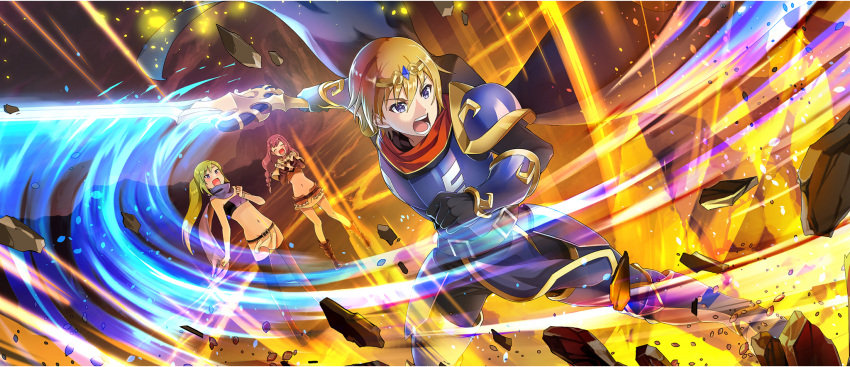 1boy, 2girls, armor, armpit_crease, bandeau, belt, black_cloak, black_thighhighs