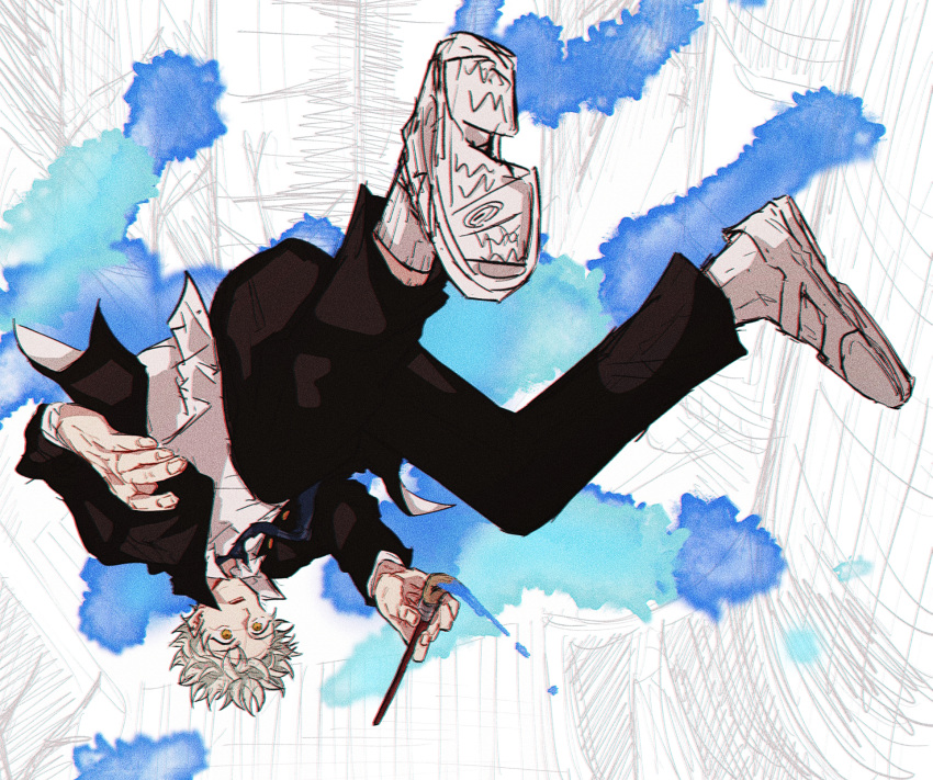 1boy, black_pants, blue_period, falling, gakuran, highres, holding, holding_paintbrush