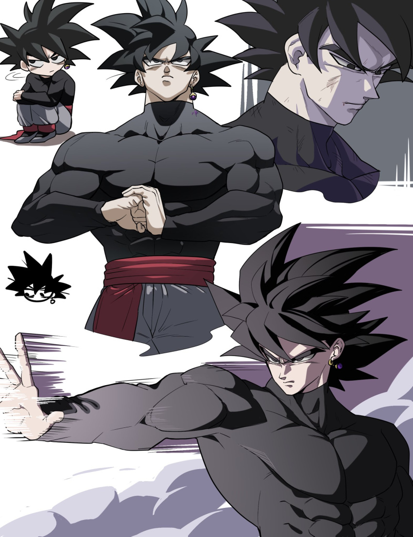 1boy, abs, black_eyes, black_shirt, chibi, covered_eyes, dragon_ball, dragon_ball_super