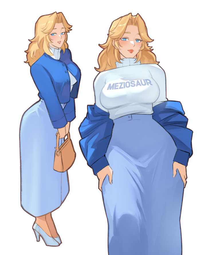 1girl, artist_name, bag, blonde_hair, blue_eyes, breasts, fantastic_four, high_heels, large_breasts, long_hair, looking_at_viewer, marvel, marvel_rivals, meziosaur, skirt, smile, solo, sue_storm, sweater, white_background