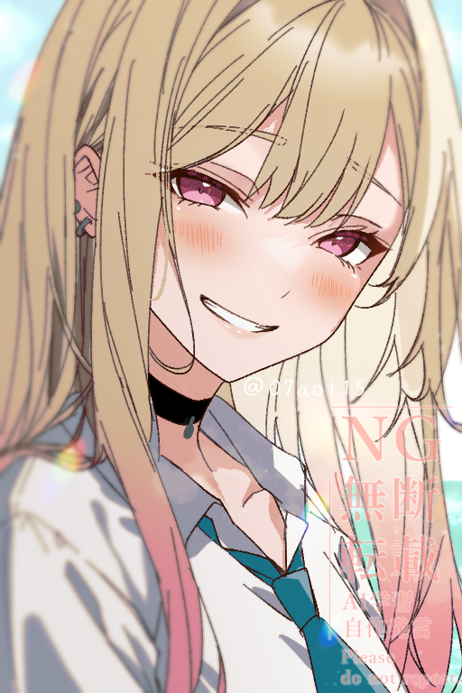 1girl, aoi_(07aoi15), black_choker, blonde_hair, blue_necktie, blush, choker, collared_shirt, commentary_request, ear_piercing, gradient_hair, grin, kitagawa_marin, looking_at_viewer, multicolored_hair, necktie, piercing, pink_eyes, pink_hair, portrait, shirt, smile, solo, sono_bisque_doll_wa_koi_wo_suru, teeth, twitter_username, watermark, white_shirt