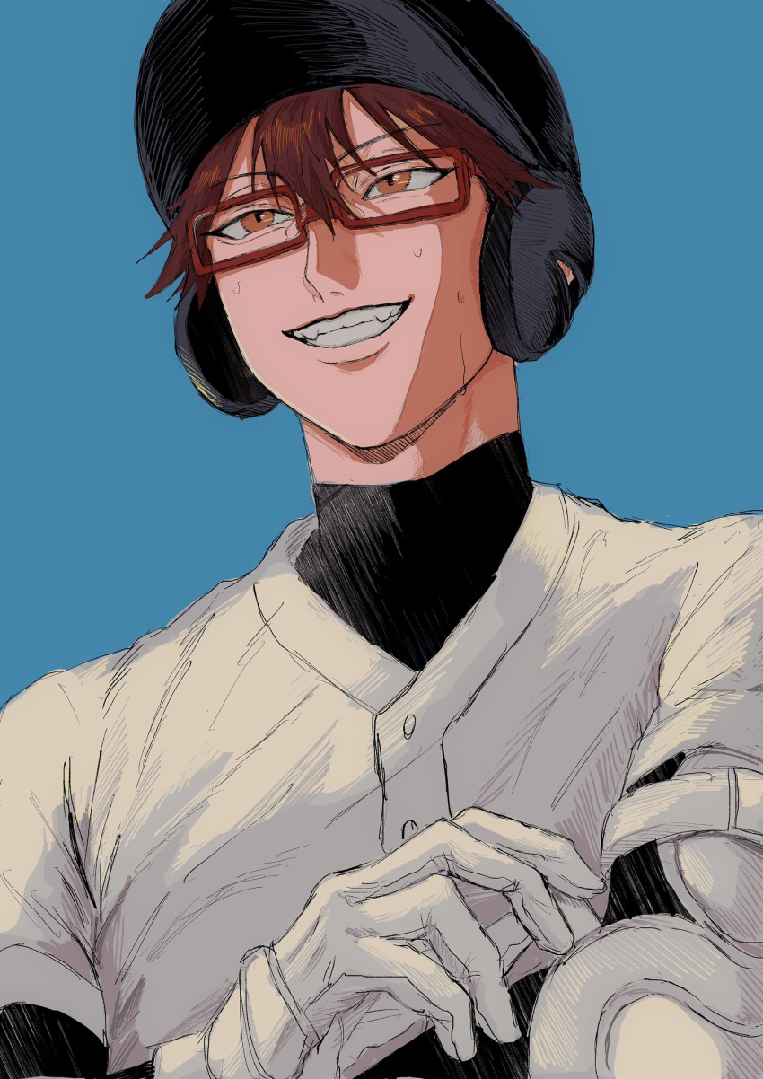 1boy, arm_up, baseball_helmet, black_shirt, blue_background, boukyaku_battery, brown_hair, chihaya_shunpei