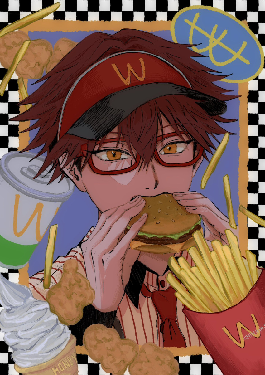 1boy, arms_up, boukyaku_battery, brown_eyes, burger, chicken_nuggets, chihaya_shunpei, collared_shirt