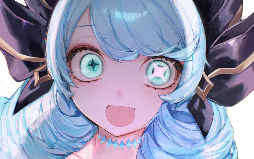 1girl, :d, bare_shoulders, black_bow, bow, drill_hair, green_eyes, green_hair