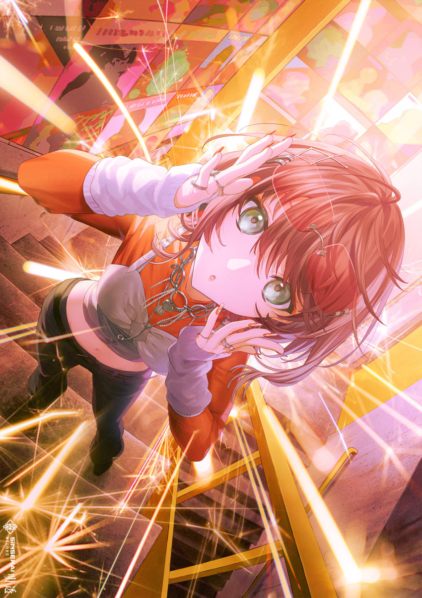 1girl, adjusting_eyewear, asu_(sinsekai), black_pants, brown_hair, commentary_request, eyewear_on_head, foreshortening