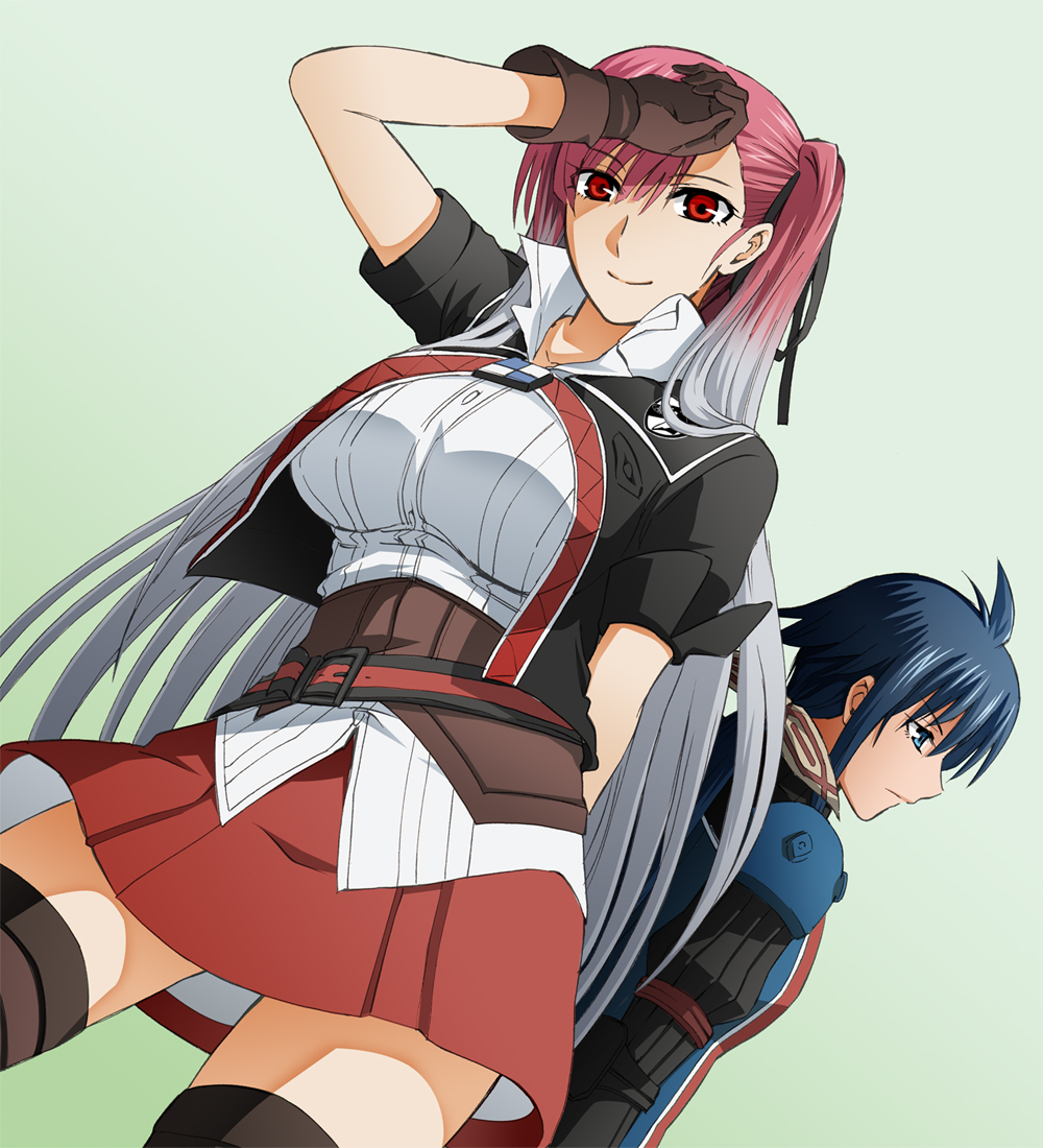 belt, blue_eyes, breasts, gloves, imca, kenji_t1710, multiple_girls, red_eyes