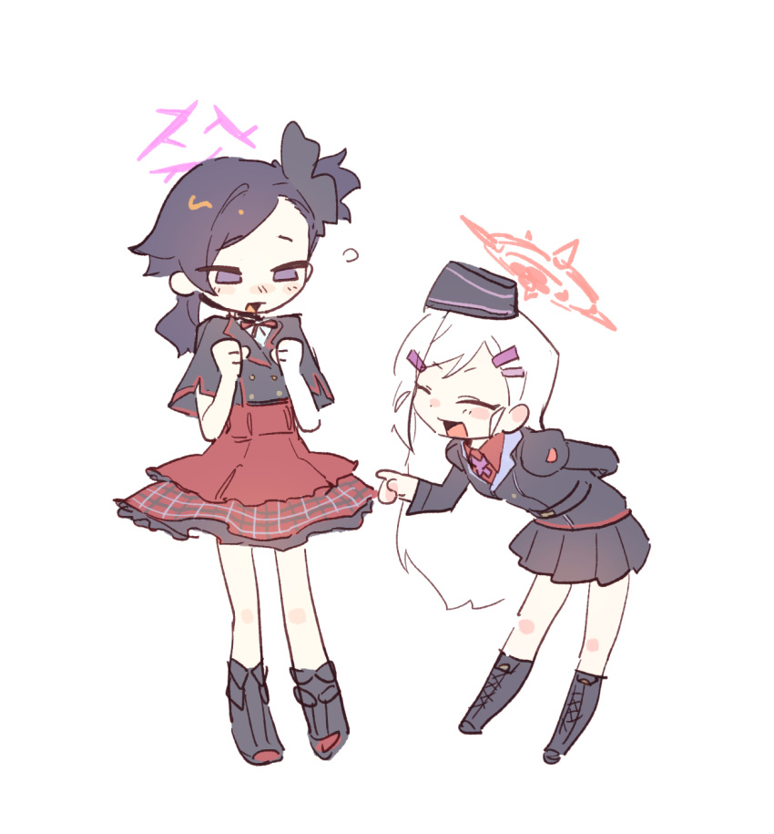 2girls, arm_behind_back, black_flower, black_shirt, blue_archive, boots, closed_eyes, collared_shirt