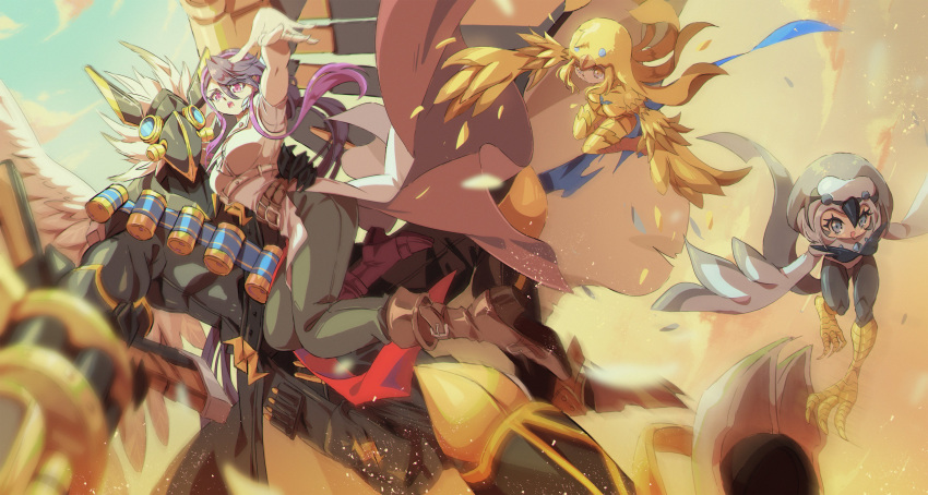 1boy, 3girls, absurdres, armor, bird_girl, black_armor, boots, brown_boots