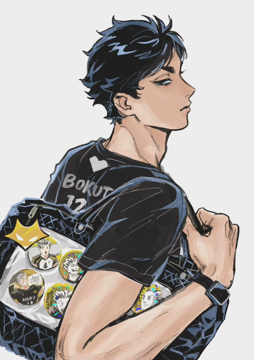 1boy, adam's_apple, akaashi_keiji, badge, bag, black_bag, black_hair, black_shirt, buckle, button_badge, character_badge, closed_eyes, closed_mouth, commentary_request, from_side, grey_eyes, haikyuu!!, highres, itabag, koukiki9, looking_back, male_focus, shirt, short_hair, short_sleeves, shoulder_bag, simple_background, solo, watch, watch, white_background, zipper_pull_tab