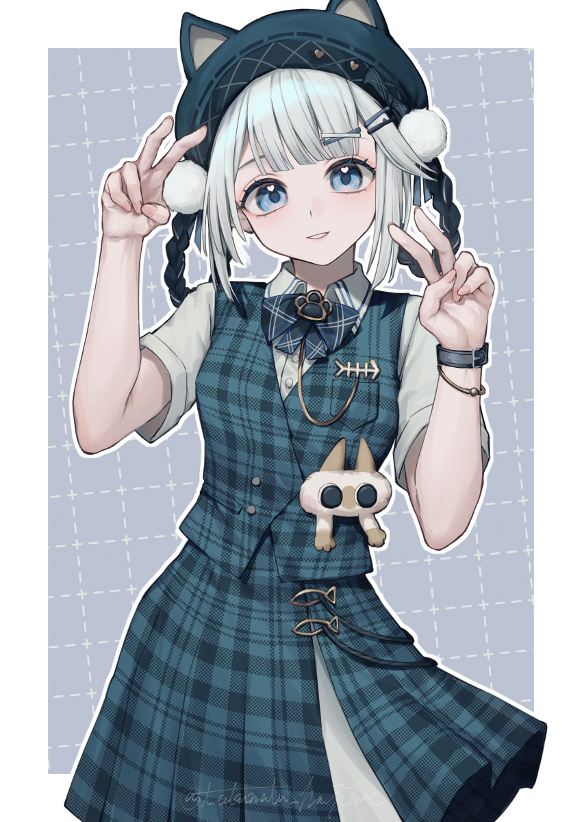 1girl, absurdres, bambinata:_vitrum_(catwalk)_(pgr), bambinata_(pgr), blue_bow, blue_bowtie, blue_eyes, blue_skirt, border, bow, bowtie, breasts, collared_shirt, commentary, double_v, hair_ornament, hairclip, hands_up, hat, hat_with_ears, highres, looking_at_viewer, official_alternate_costume, parted_lips, plaid_bow, plaid_bowtie, plaid_clothes, plaid_skirt, plaid_vest, punishing:_gray_raven, shirt, short_hair, signature, skirt, small_breasts, smile, solo, symbol-only_commentary, takamatu_hajime, v, vest, white_border, white_hair, white_shirt
