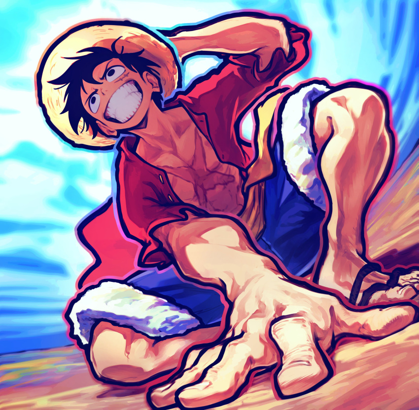 1boy, absurdres, black_hair, blue_shorts, blue_sky, clenched_teeth, commentary, cross_scar